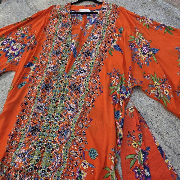 Anthropologie Emmanuel Maxi Dress Kimono Robe Boho Floral Bohemian Orange 1X - Picture 8 of 14